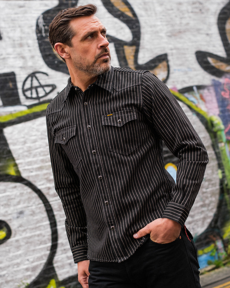IRON HEART IHSH-62-BLK 12OZ WABASH WESTERN SHIRT - BLACK