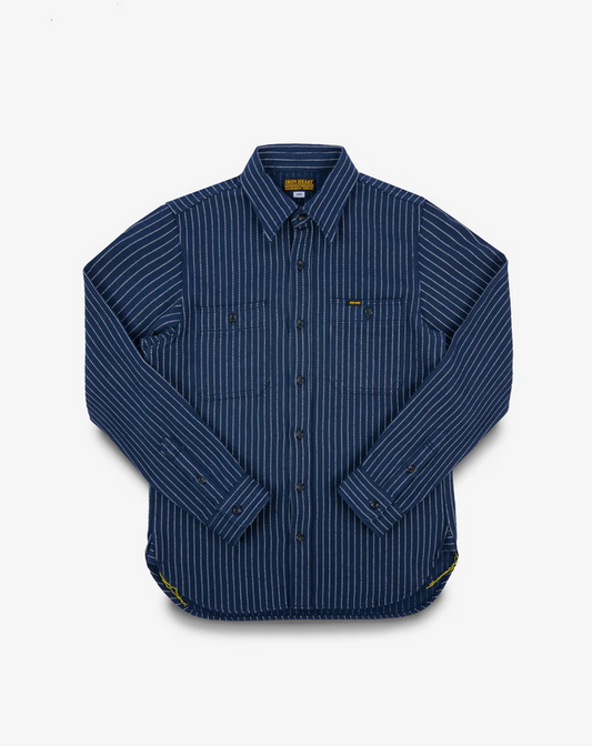 IRON HEART IHSH-402-NAV 12 OZ ULTRA HEAVY FLANNEL CHALK STRIPE WORK SHIRT - NAVY