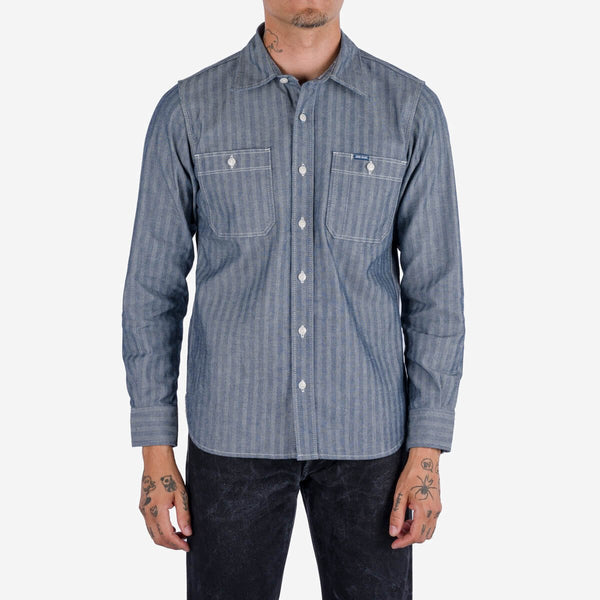 IRON HEART IHSH-308-IND 12 OZ HERRINGBONE WORK SHIRT - INDIGO