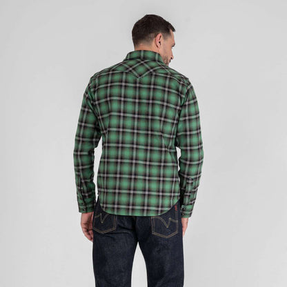 IRON HEART IHSH-405-GRN ULTRA HEAVY FLANNEL CHECK WESTERN SHIRT - GREEN