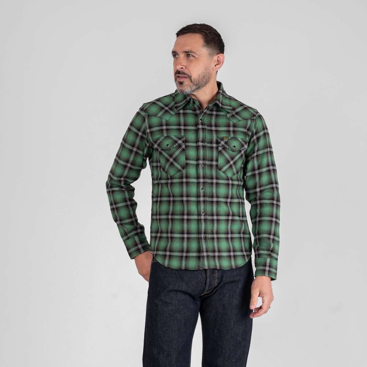 IRON HEART IHSH-405-GRN ULTRA HEAVY FLANNEL CHECK WESTERN SHIRT - GREEN