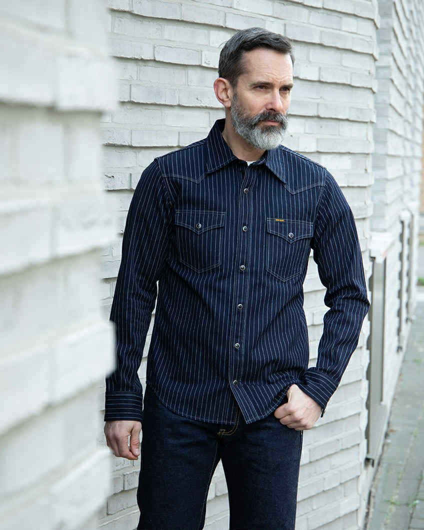 IRON HEART IHSH-424-IND 8,5 OZ HERRINGBONE WESTERN SHIRT - INDIGO