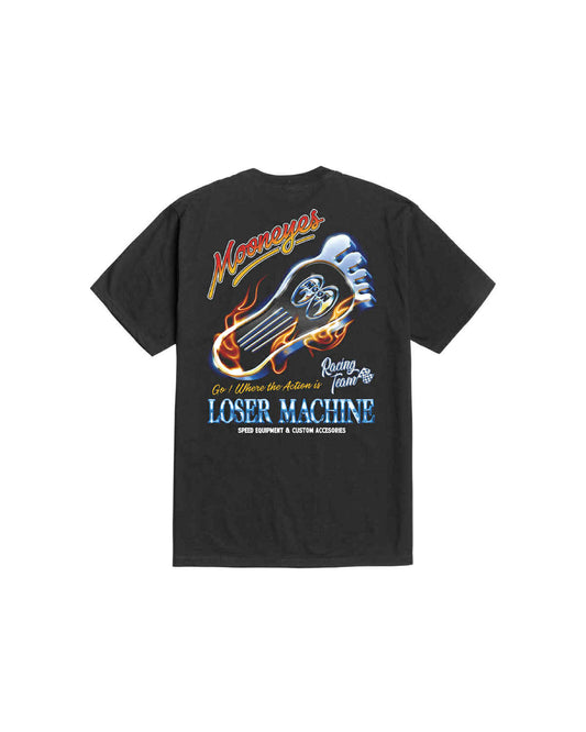 LOSER MACHINE COMPANY X MOONEYES RED HOT STOCK T-SHIRT - BLACK