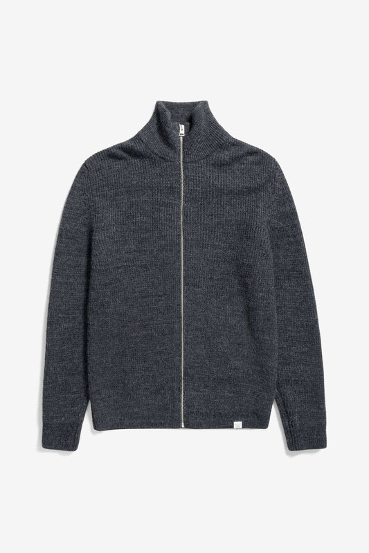 NORSE PROJECT HAGEN WOOL COTTON RIB FULL ZIP JACKET - DARK GREY MELANGE