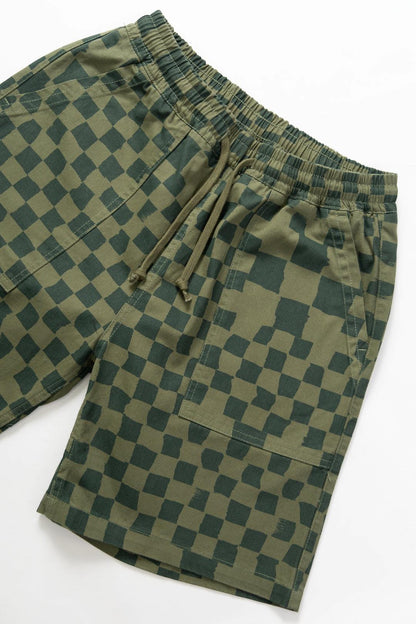 SERVICE WORKS PRINTED CHEF SHORTS - OLIVE CHECKER