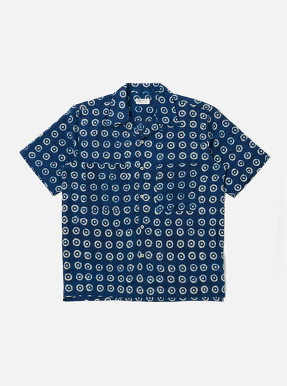 UNIVERSAL WORKS CAMPER SHIRT BLOCK PRINT CIRCLES - INDIGO