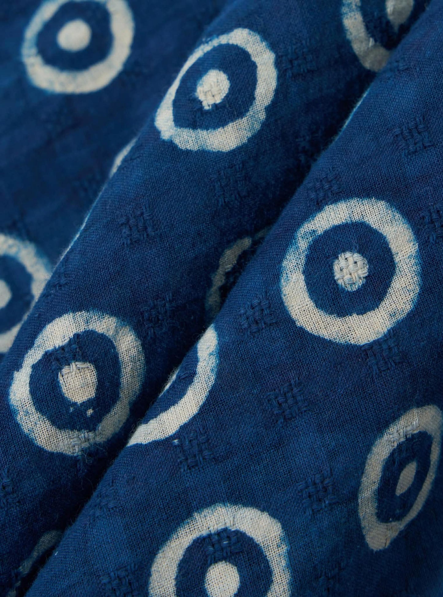 UNIVERSAL WORKS CAMPER SHIRT BLOCK PRINT CIRCLES - INDIGO