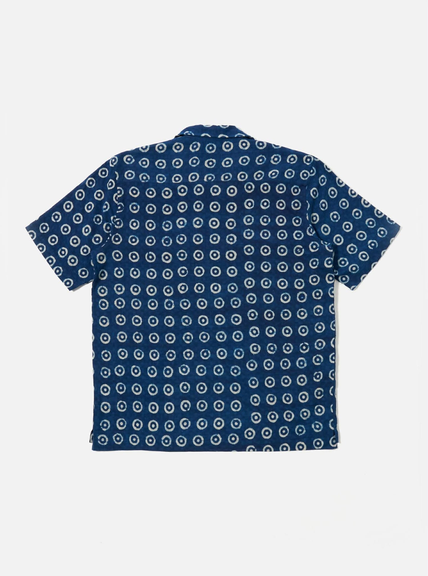 UNIVERSAL WORKS CAMPER SHIRT BLOCK PRINT CIRCLES - INDIGO