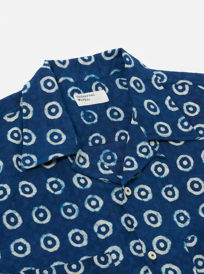 UNIVERSAL WORKS CAMPER SHIRT BLOCK PRINT CIRCLES - INDIGO