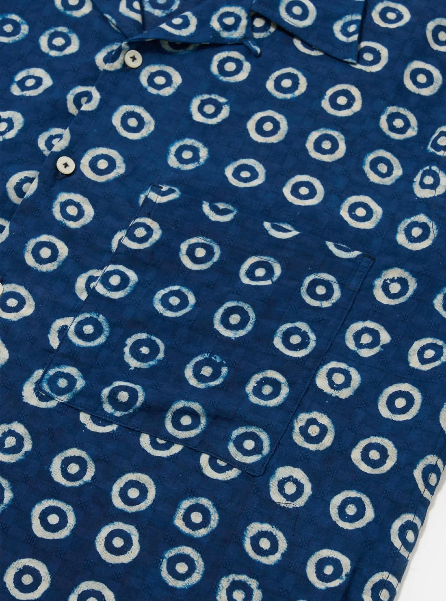 UNIVERSAL WORKS CAMPER SHIRT BLOCK PRINT CIRCLES - INDIGO