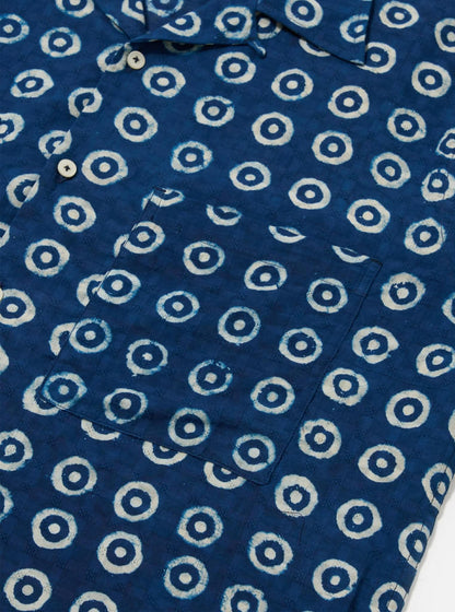 UNIVERSAL WORKS CAMPER SHIRT BLOCK PRINT CIRCLES - INDIGO