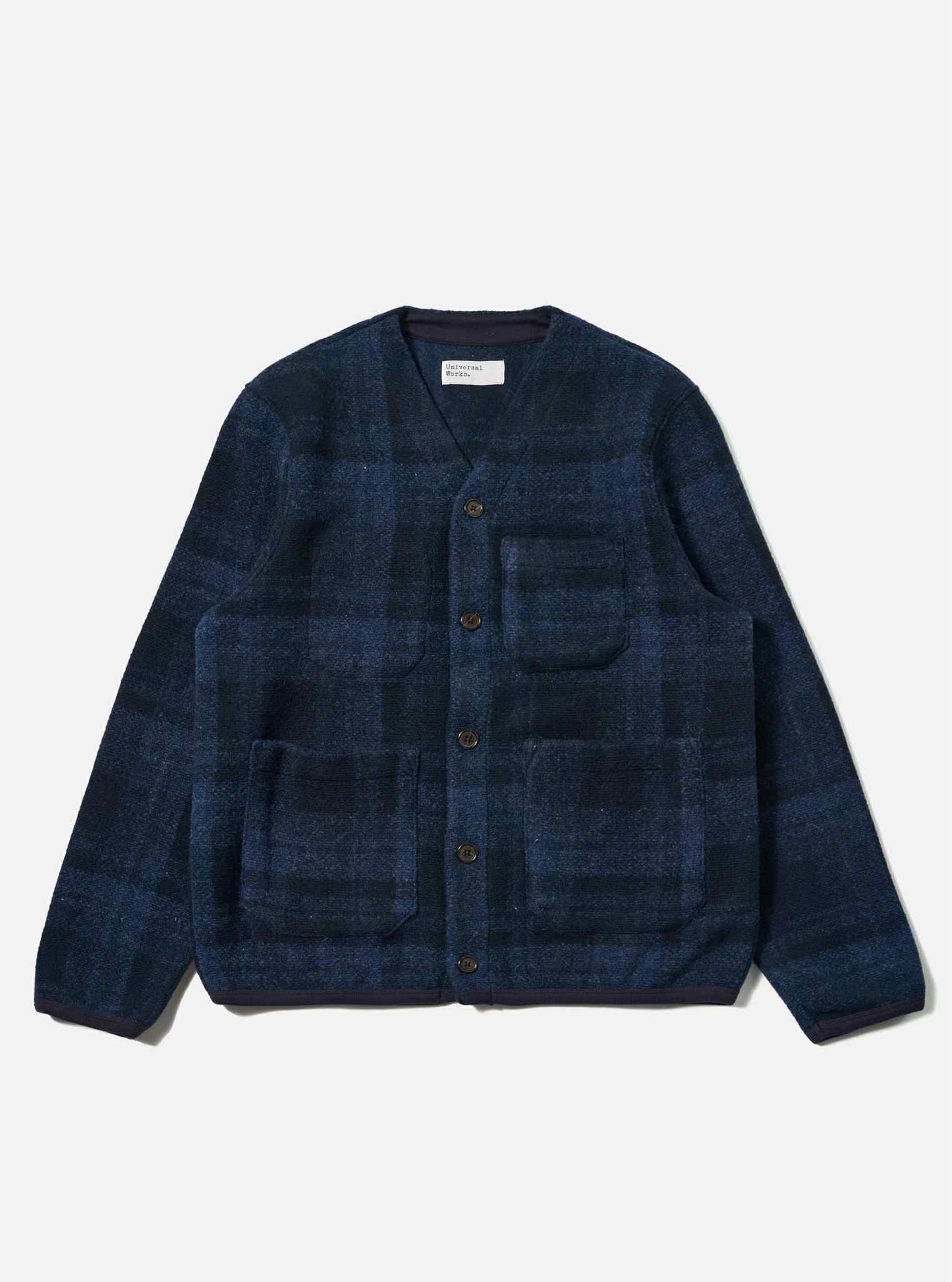 UNIVERSAL WORKS CARDIGAN MOH CHECK FLEECE - NAVY