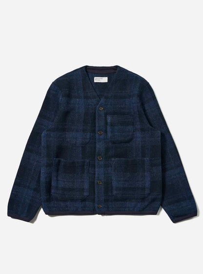 UNIVERSAL WORKS CARDIGAN MOH CHECK FLEECE - NAVY