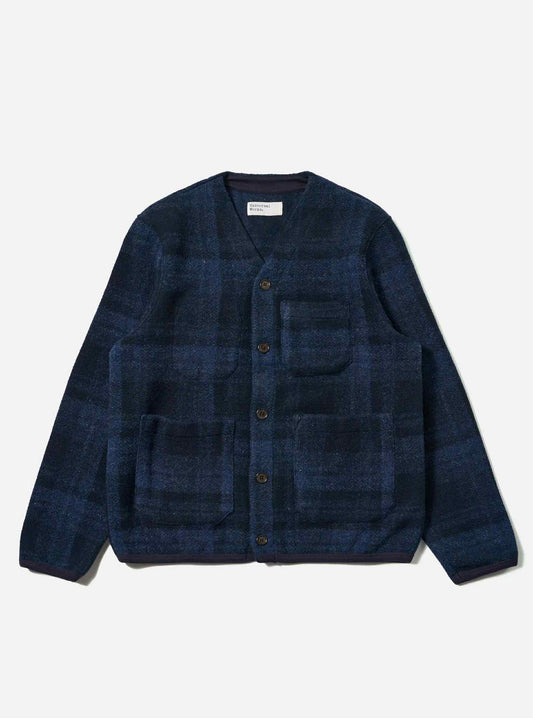 UNIVERSAL WORKS CARDIGAN MOH CHECK FLEECE - NAVY