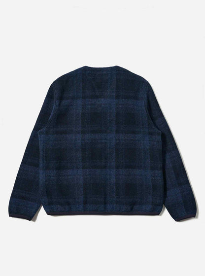 UNIVERSAL WORKS CARDIGAN MOH CHECK FLEECE - NAVY