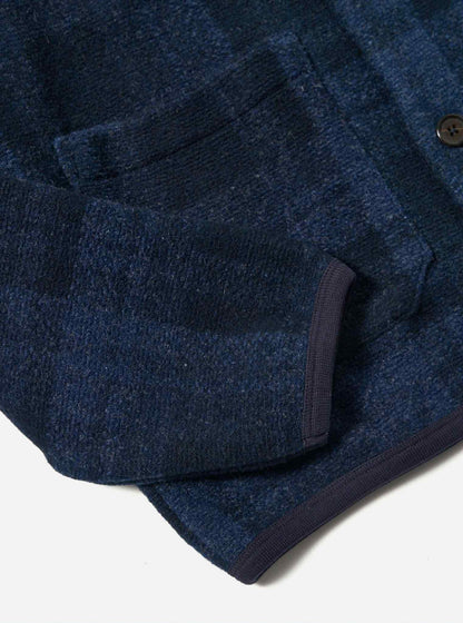 UNIVERSAL WORKS CARDIGAN MOH CHECK FLEECE - NAVY