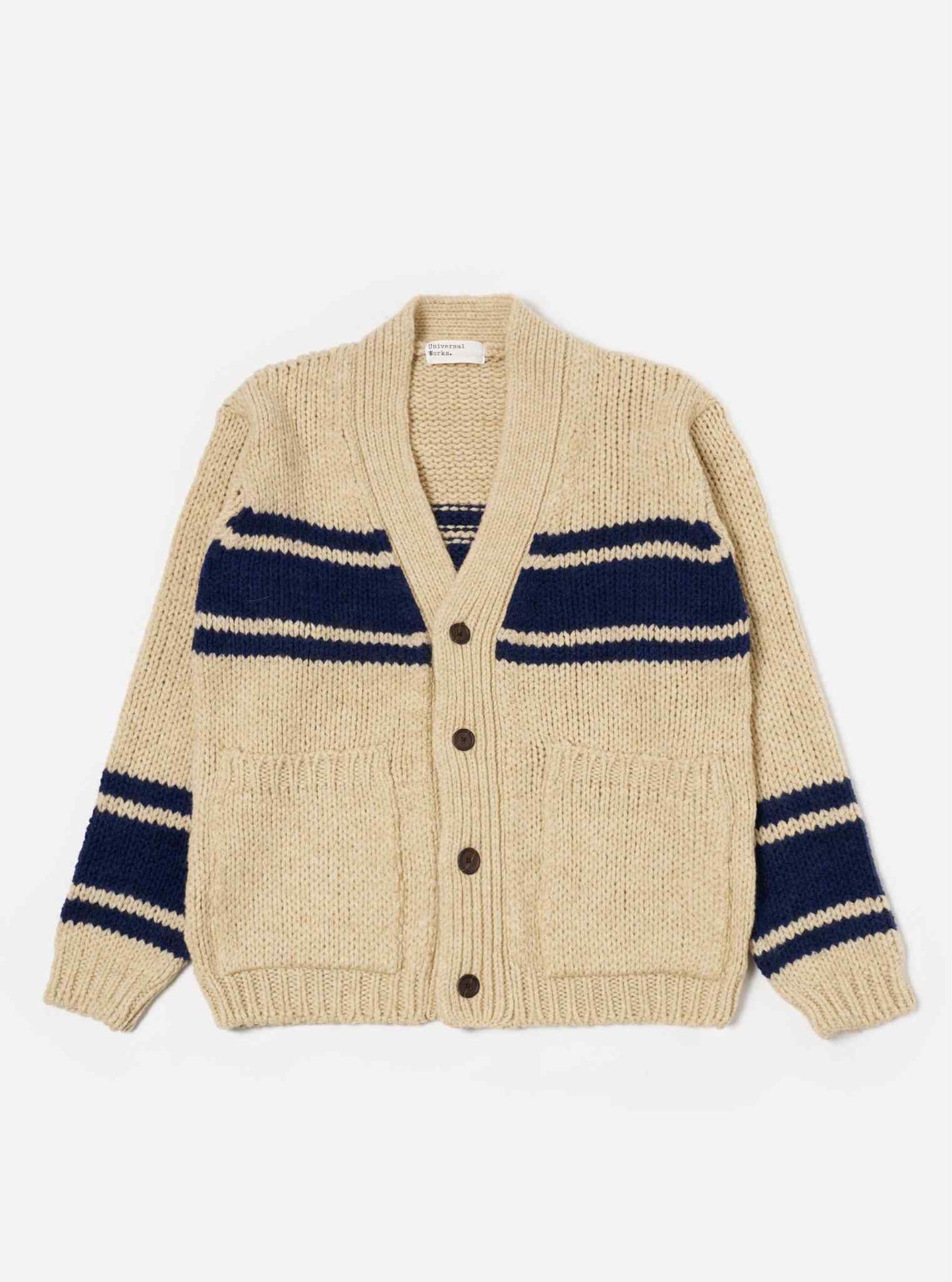 UNIVERSAL WORKS LANGDALE CARDIGAN CHUNKY KNIT STRIPE - SAND