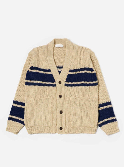 UNIVERSAL WORKS LANGDALE CARDIGAN CHUNKY KNIT STRIPE - SAND