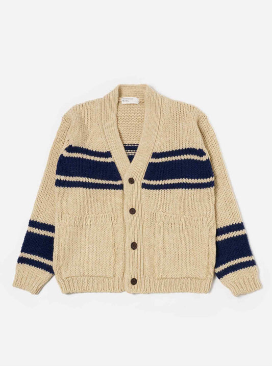 UNIVERSAL WORKS LANGDALE CARDIGAN CHUNKY KNIT STRIPE - SAND