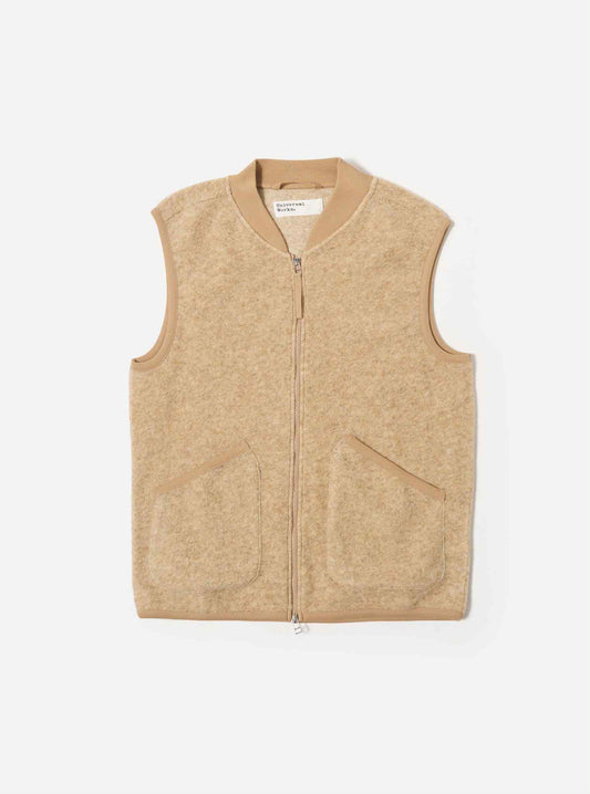 UNIVERSAL WORKS ZIP WAISTCOAT WOOL FLEECE - FAWN