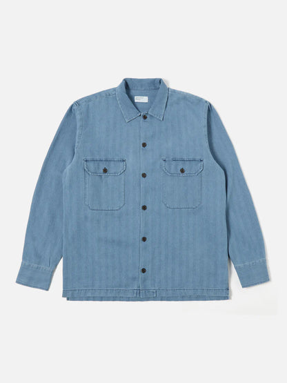 UNIVERSAL WORKS L/S SHIRT HERRINGBONE DENIM - INDIGO WASHED