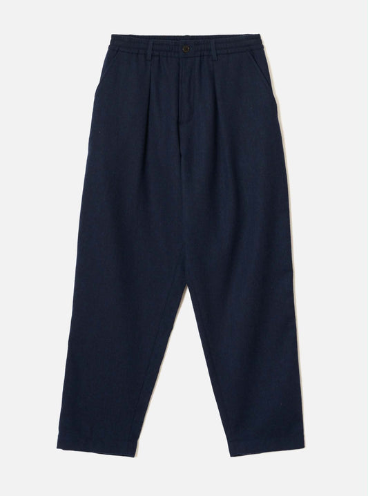 UNIVERSAL WORKS PLEATED TRACK PANT HERRINGBONE WOOL - NAVY