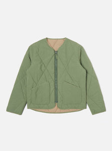 UNIVERSAL WORKS REVERSIBLE MILITARY LINER JACKET DIAMOND QUILT RECYCLED NYLON - GREEN / SAND