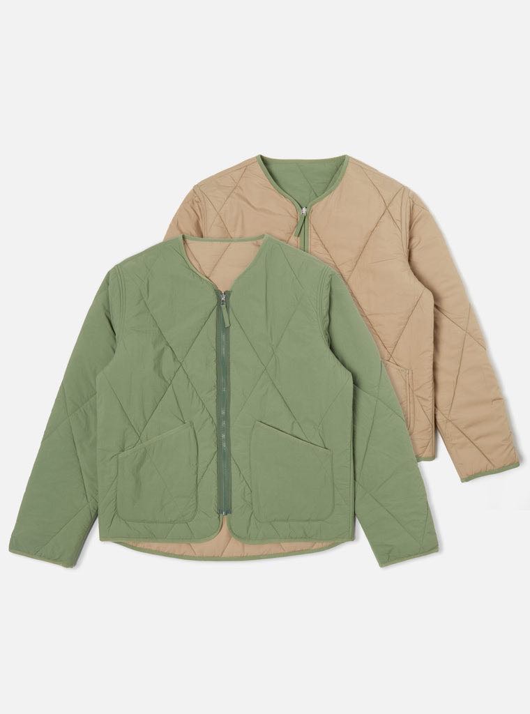 UNIVERSAL WORKS REVERSIBLE MILITARY LINER JACKET DIAMOND QUILT RECYCLED NYLON - GREEN / SAND