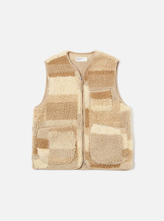 UNIVERSAL WORKS ZIP GILET PATCHWORK FLEECE - SAND