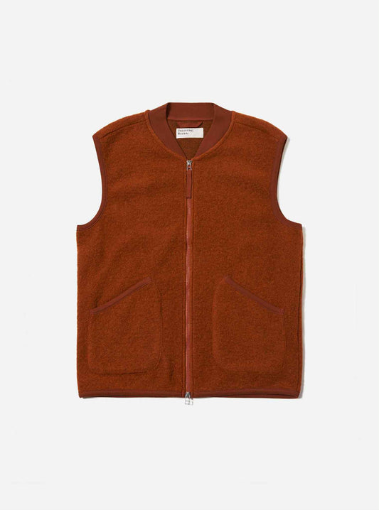 UNIVERSAL WORKS ZIP WAISTCOAT WOOL FLEECE - RUST