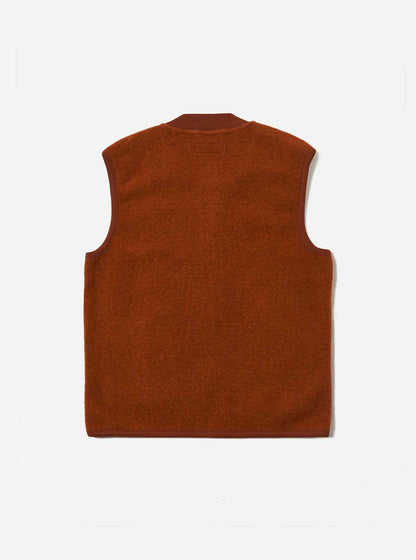 UNIVERSAL WORKS ZIP WAISTCOAT WOOL FLEECE - RUST