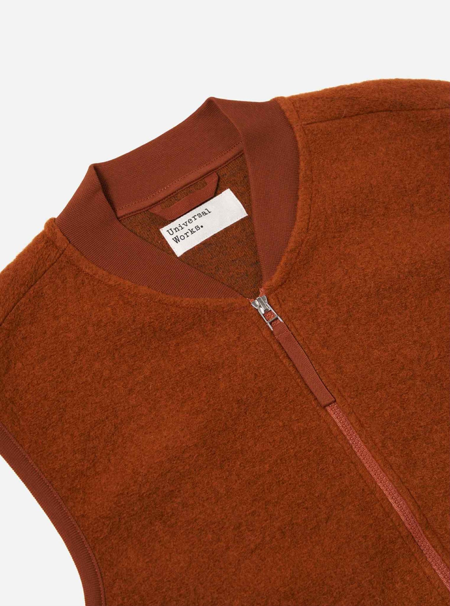 UNIVERSAL WORKS ZIP WAISTCOAT WOOL FLEECE - RUST