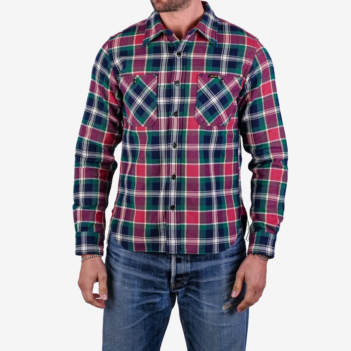 IRON HEART IHSH-342-NAV ULTRA HEAVY FLANNEL CRAZY CHECK WORK SHIRT - NAVY